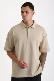 Omuz Çoban Dikiş Detaylı Double Pike Kumaş Loose Fit Erkek Polo Yaka Tişört | Renk: Bej