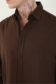 Keten Görünümlü %100 Pamuk Rahat Kalıp Düşük Omuz Erkek Sade Gömlek, Men's Plain Shirt | Renk: Kahverengi
