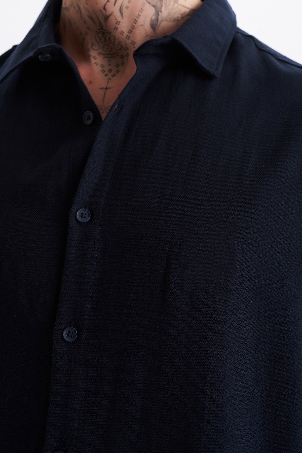 Keten Karışımlı %100 Pamuk Rahat Kalıp Düşük Omuz Erkek Sade Gömlek, Men's Plain Shirt | Renk: Siyah