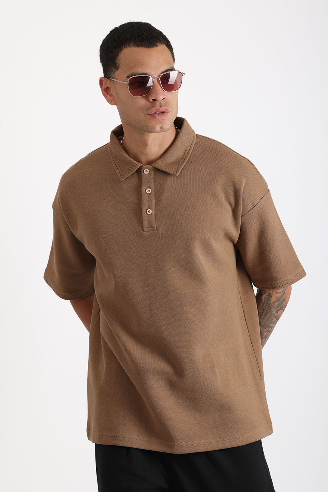 Yaka ve Kol Dikiş Detaylı Double Pike Kumaş Loose Fit Erkek Polo Yaka Tişört