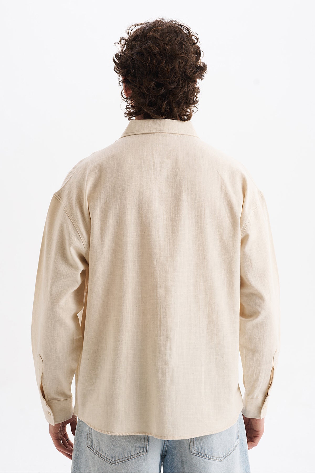 Keten Karışımlı %100 Pamuk Rahat Kalıp Düşük Omuz Erkek Sade Gömlek, Men's Plain Shirt | Renk: Naturel