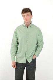 Keten Görünümlü %100 Pamuk Rahat Kalıp Düşük Omuz Erkek Sade Gömlek, Men's Plain Shirt | Renk: Haki