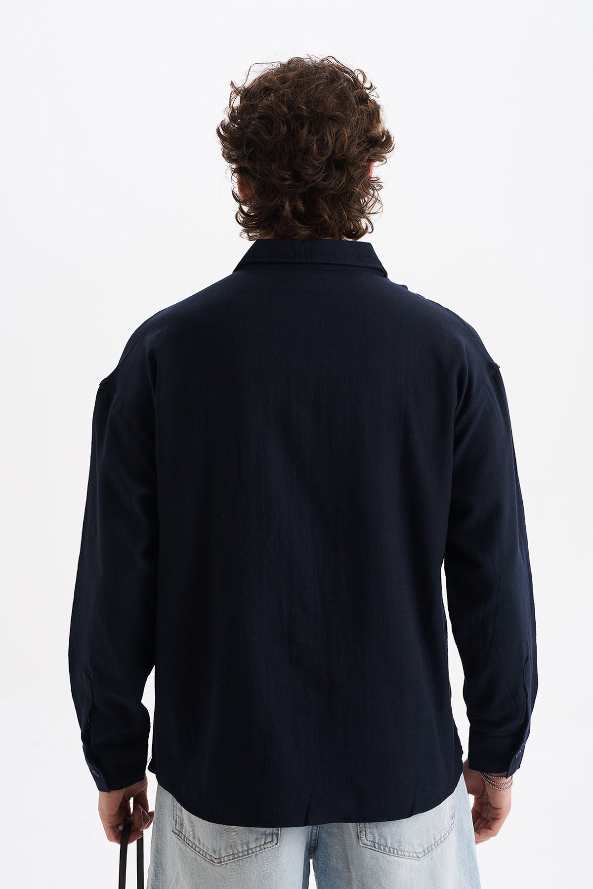Keten Karışımlı %100 Pamuk Rahat Kalıp Düşük Omuz Erkek Sade Gömlek, Men's Plain Shirt | Renk: Siyah