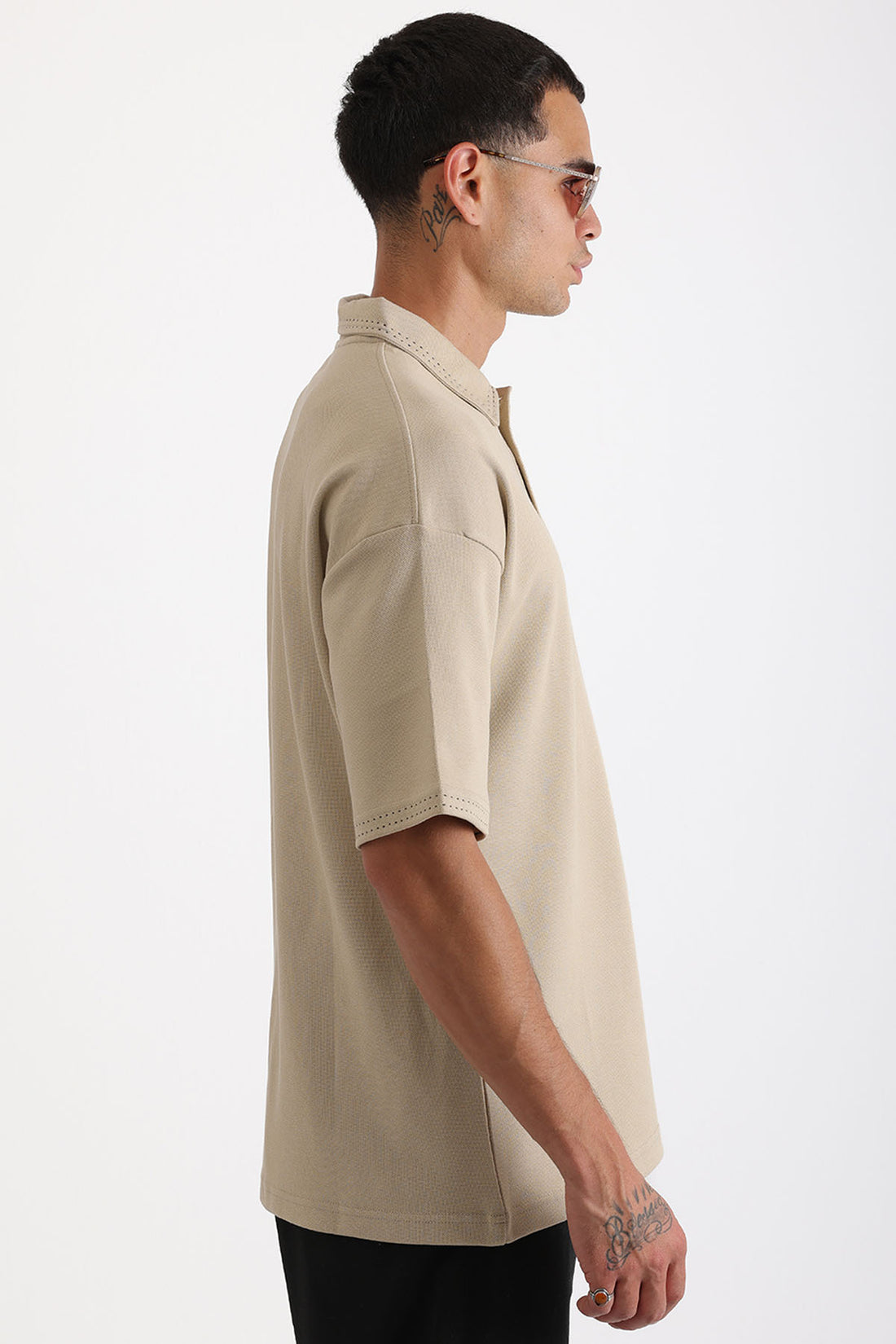 Yaka ve Kol Dikiş Detaylı Double Pike Kumaş Loose Fit Erkek Polo Yaka Tişört