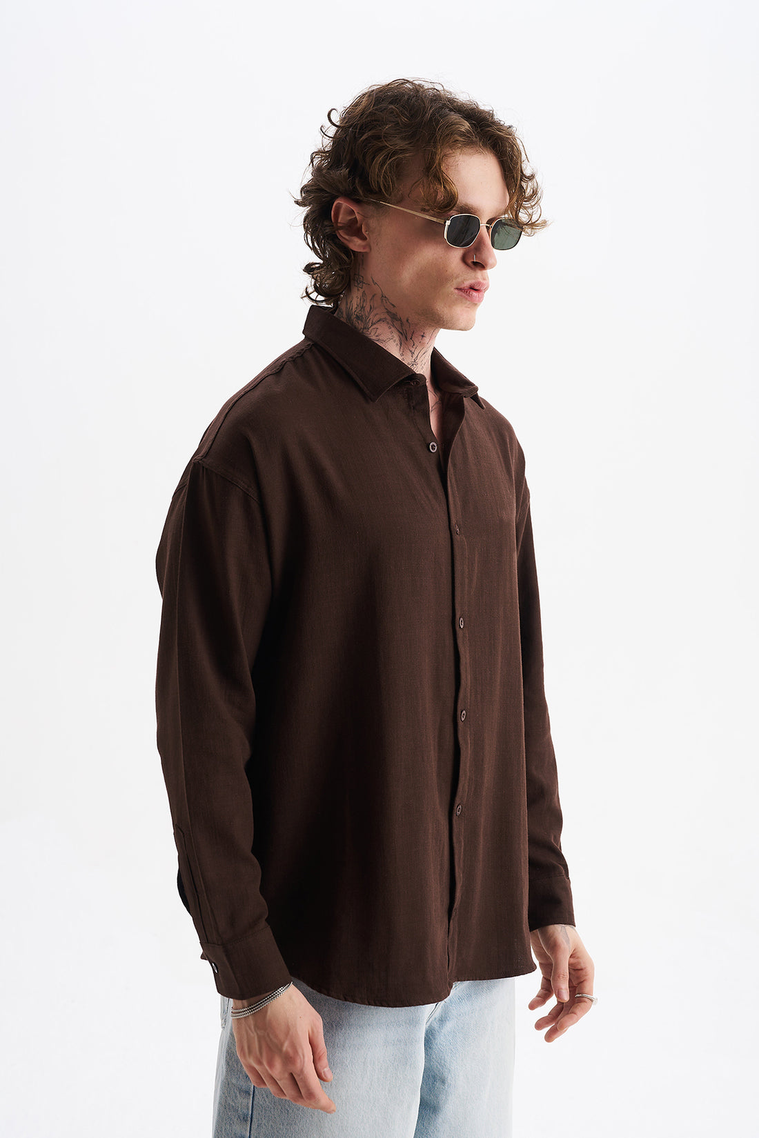 Keten Karışımlı %100 Pamuk Rahat Kalıp Düşük Omuz Erkek Sade Gömlek, Men's Plain Shirt