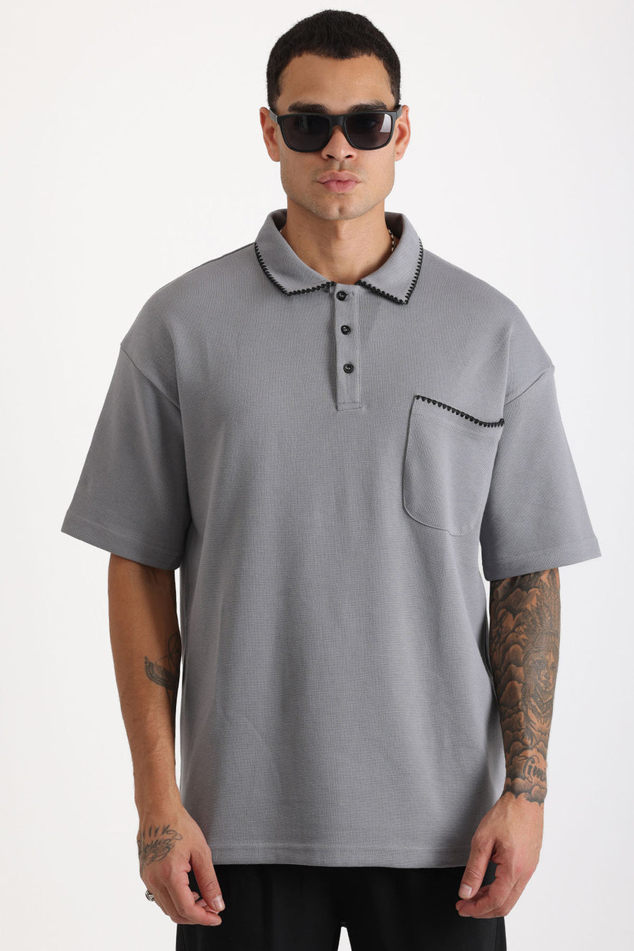 Yaka ve Cep Çoban Dikiş Detaylı Double Pike Kumaş Loose Fit Erkek Polo Yaka Tişört