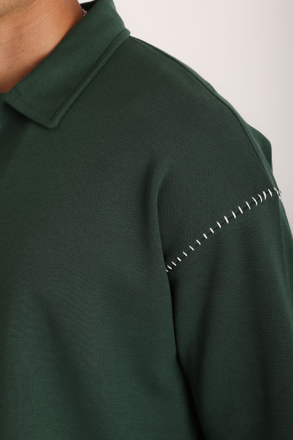 Omuz Çoban Dikiş Detaylı Double Pike Kumaş Loose Fit Erkek Polo Yaka Tişört | Renk: Nefti