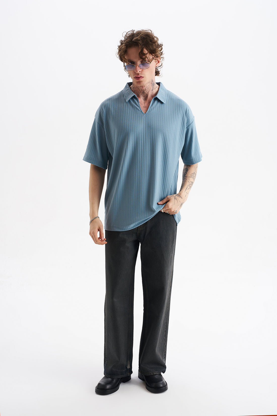Kalın Örgülü Fitilli Kumaş, Erkek Armut Polo Yaka Tişört, Men's Polo Neck T-Shirt