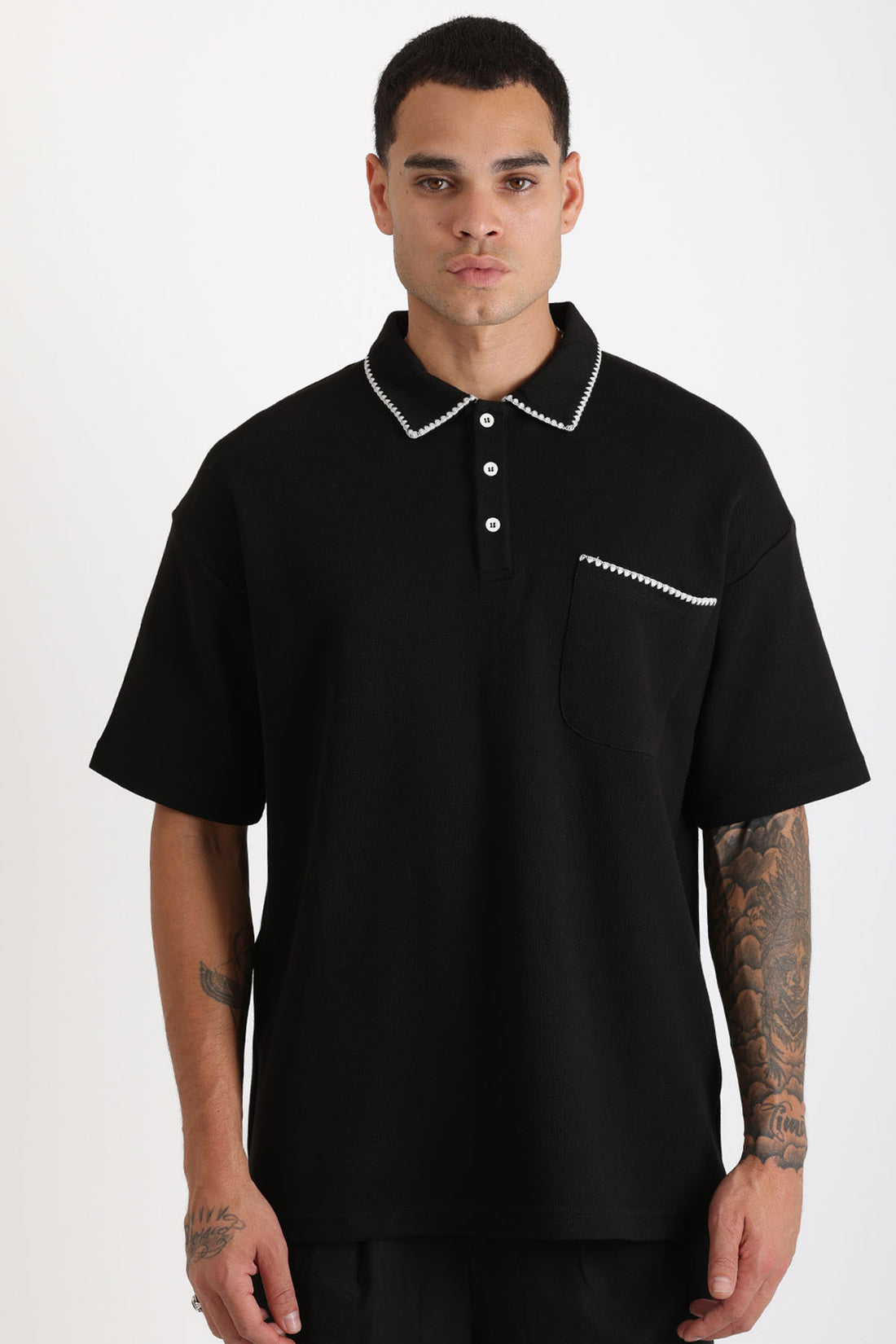 Yaka ve Cep Çoban Dikiş Detaylı Double Pike Kumaş Loose Fit Erkek Polo Yaka Tişört