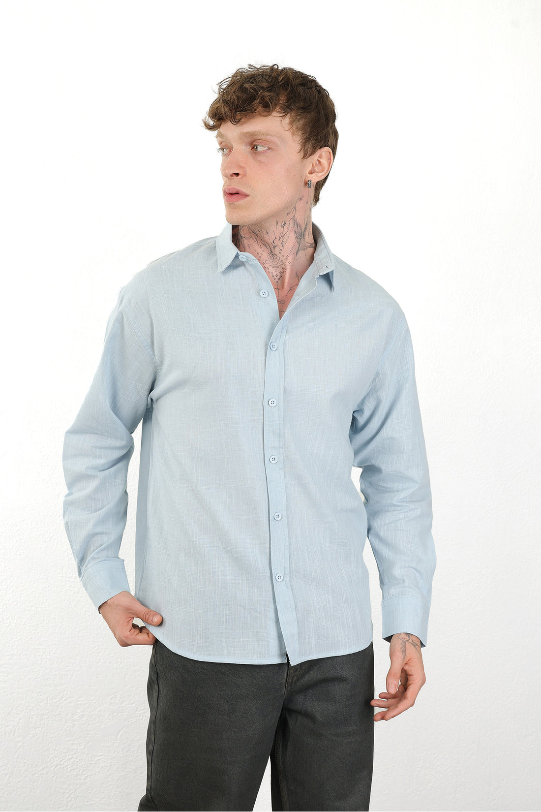 Keten Görünümlü %100 Pamuk Rahat Kalıp Düşük Omuz Erkek Sade Gömlek, Men's Plain Shirt