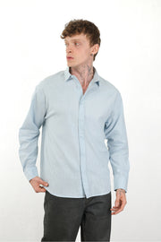 Keten Görünümlü %100 Pamuk Rahat Kalıp Düşük Omuz Erkek Sade Gömlek, Men's Plain Shirt | Renk: Mavi