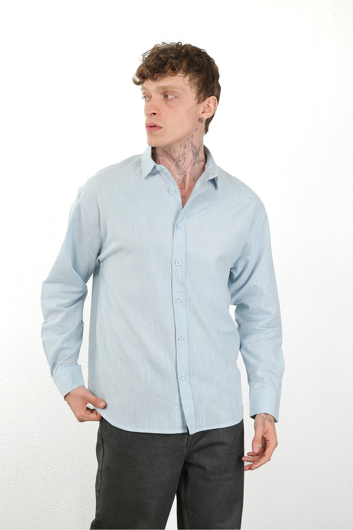 Keten Görünümlü %100 Pamuk Rahat Kalıp Düşük Omuz Erkek Sade Gömlek, Men's Plain Shirt | Renk: Mavi